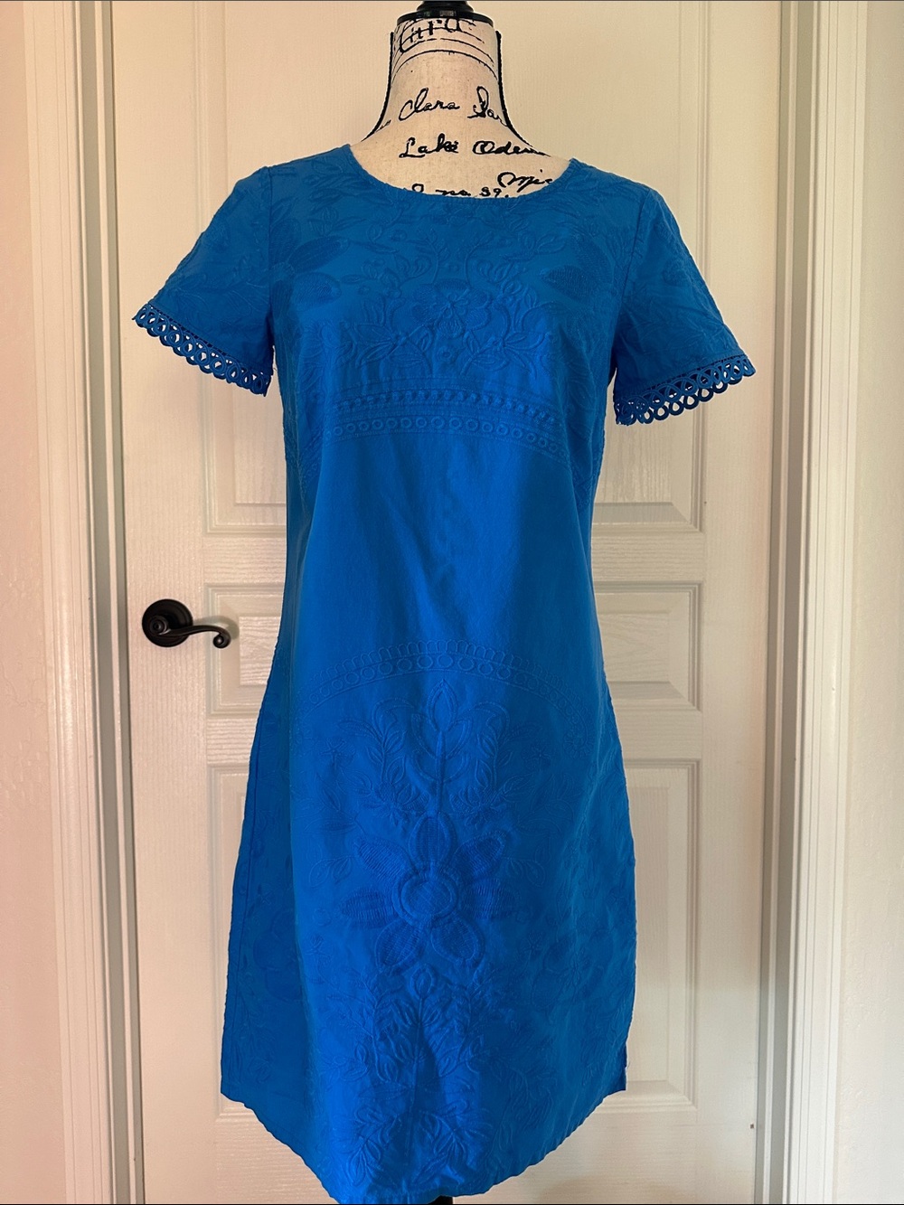 Karl Lagerfeld  Blue Embroidered Short Sleeve Mini Dress